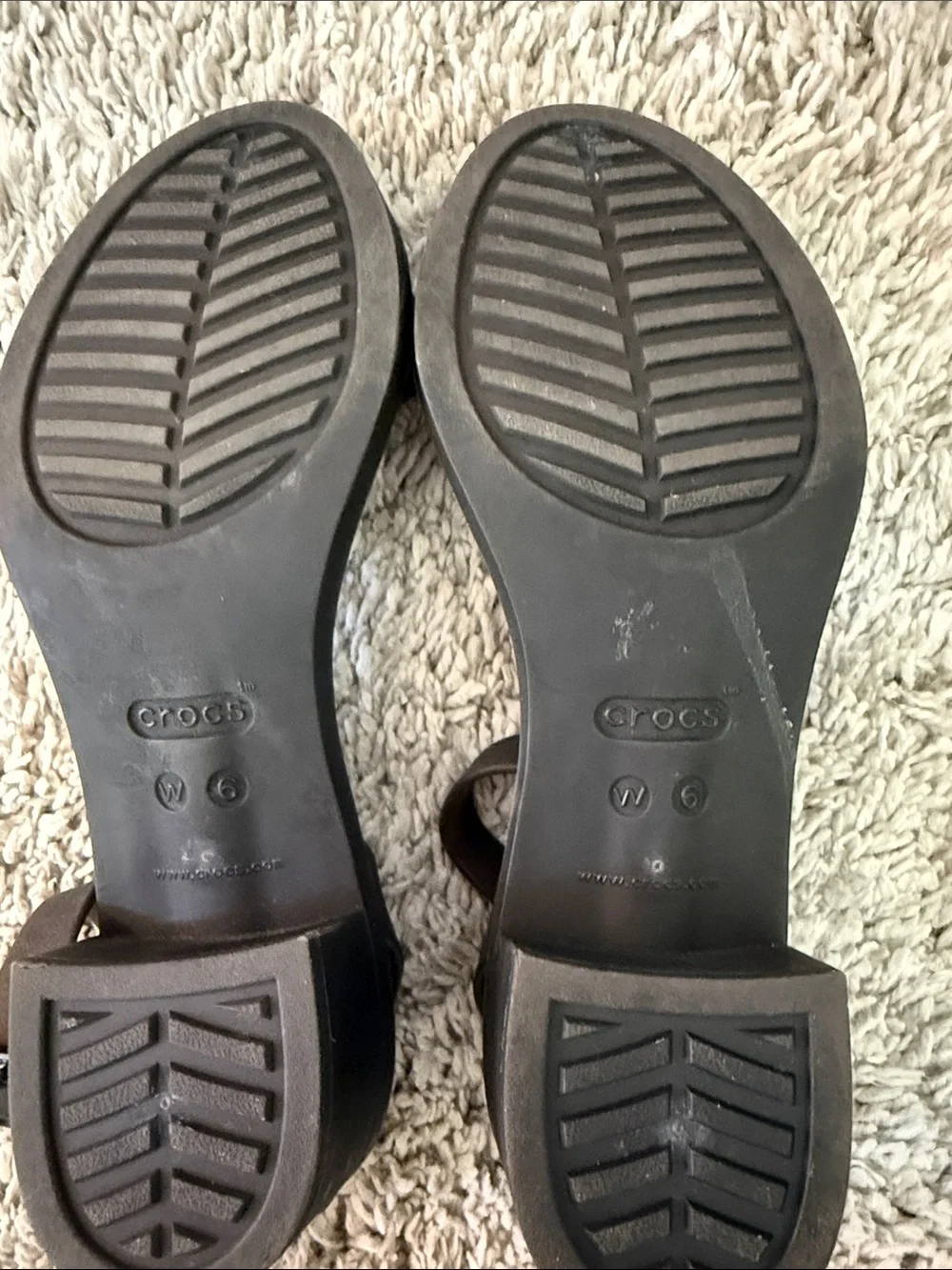 CROCS Brown and Beige Leather Block Heel Sandals